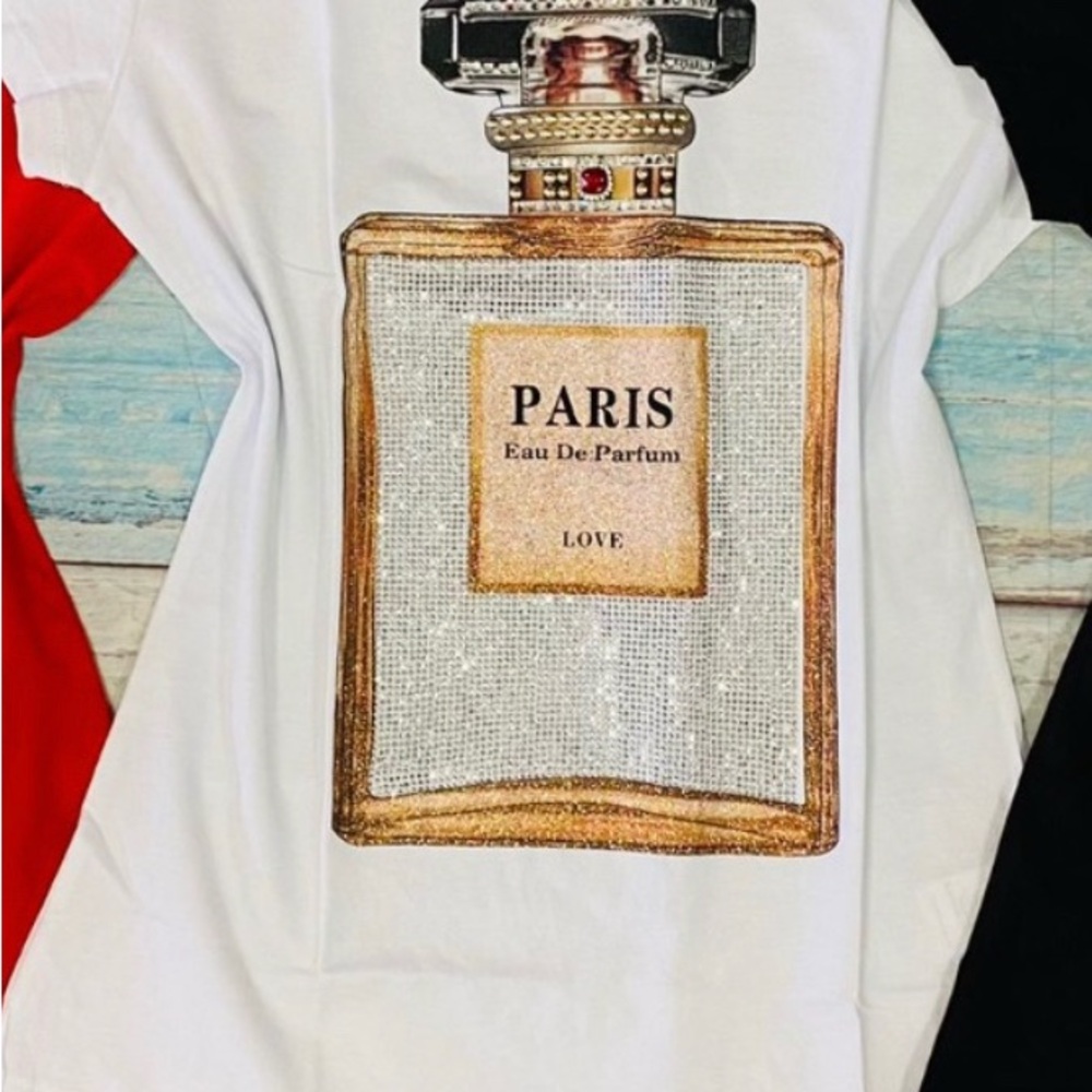 White T-Shirt with Paris Perfume Bottle Print